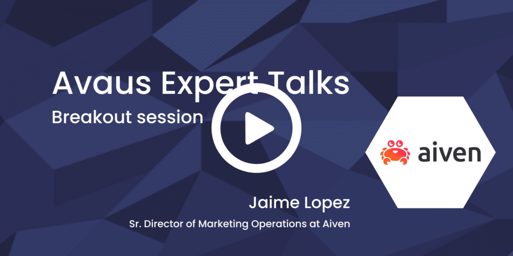 Picture of the Aiven logo, one of the breakout sessions at AET, and a play button to watch a Youtube video of the recording. 